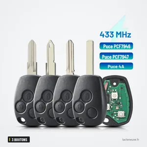 Clé télécommande 3 boutons pour Renault Trafic, Twingo, Dacia Duster, Logan - quatre lames droites avec circuit imprimé Clé télécommande 3 boutons pour Renault Trafic, Twingo, Dacia Duster, Logan - quatre lames droites avec circuit imprimé