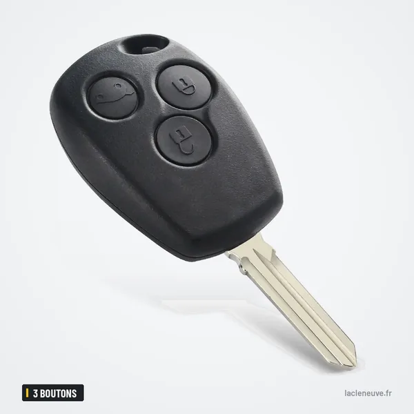 Clé télécommande 3 boutons pour Renault Trafic, Twingo, Dacia Duster, Logan - vue de dos, boutons sur la tranche