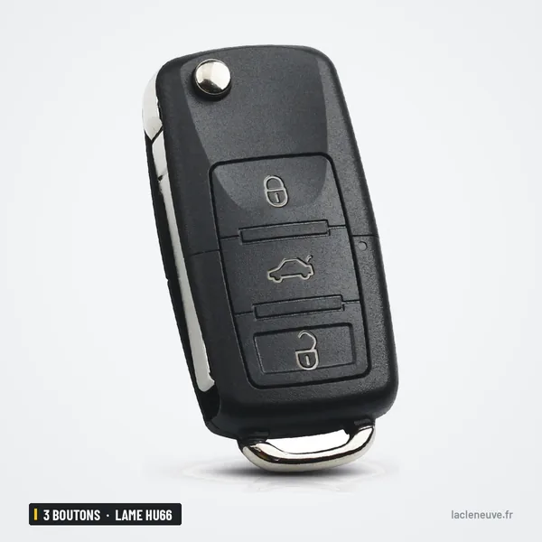 Clé télécommande 3 boutons pour Volkswagen Golf, Passat, Polo, lame HU66 - vue de profil, lame sortie