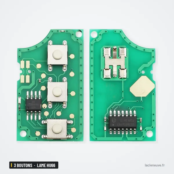 Clé télécommande 3 boutons pour Volkswagen Golf, Passat, Polo, lame HU66 - circuit imprimé, recto et verso