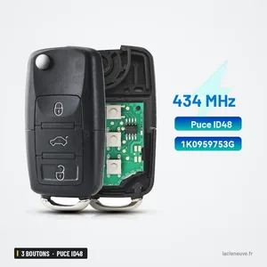 Clé télécommande 3 boutons pour Volkswagen Golf, Passat, Polo, puce ID48 - coque ouverte, circuit et lame visibles