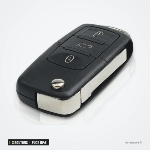 Clé télécommande 3 boutons pour Volkswagen Polo, Golf, Passat, puce ID48 - vue de face, lame dépliée vers le bas