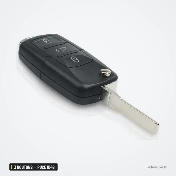 Clé télécommande 3 boutons pour Volkswagen Polo, Golf, Passat, puce ID48 - vue de profil, lame légèrement dépliée