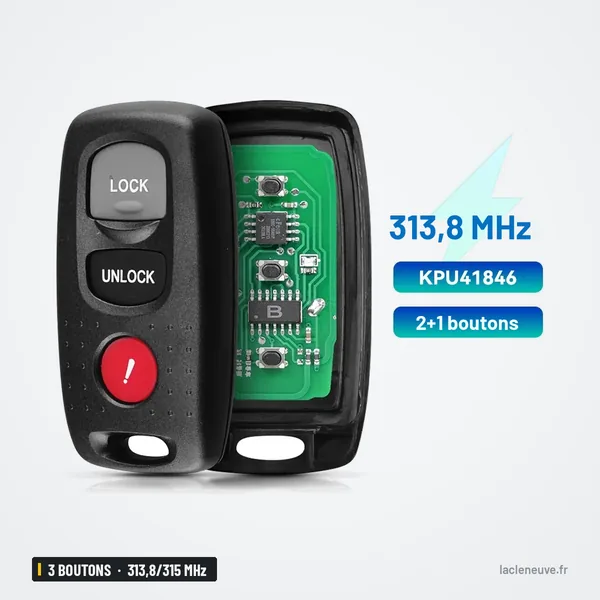 Clé télécommande 313,8/315 MHz 3 boutons pour Mazda 3, Mazda 6 - télécommande vue de face avec fiche technique et circuit
