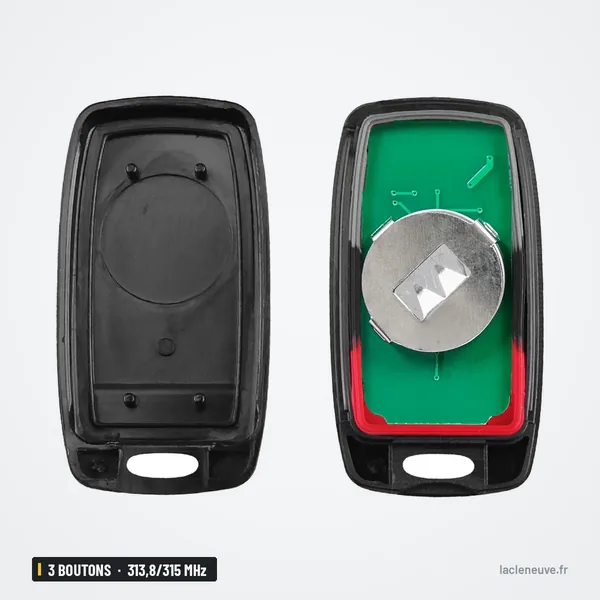 Clé télécommande 313,8/315 MHz 3 boutons pour Mazda 3, Mazda 6 - télécommande démontée, dos et face avec pile