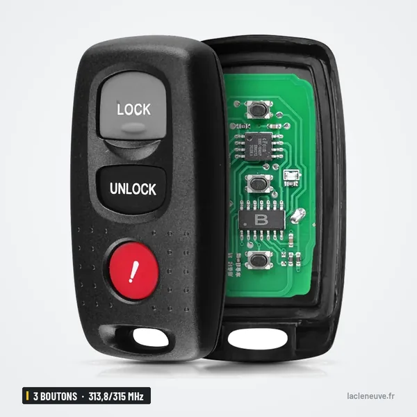 Clé télécommande 313,8/315 MHz 3 boutons pour Mazda 3, Mazda 6 - télécommande vue de face avec circuit imprimé visible