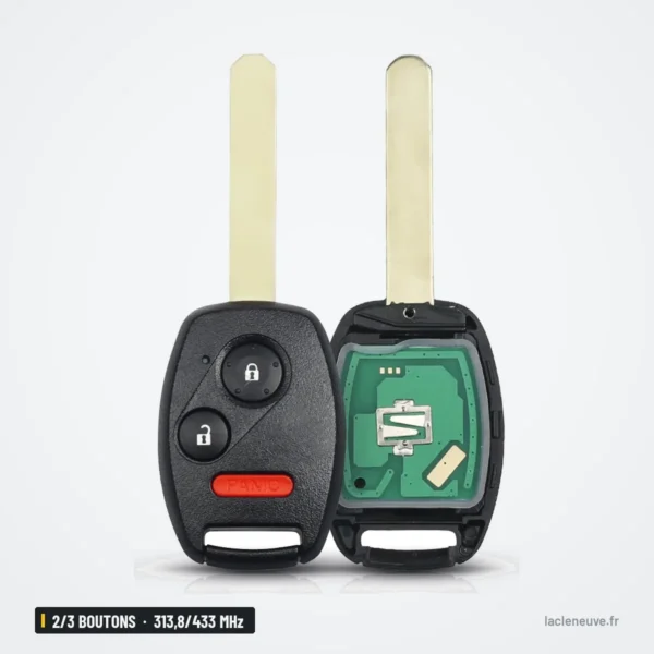 Clé télécommande 313,8/433 MHz 2/3 boutons pour Honda, Acura, puce ID46 - deux clés, circuit et pile visibles