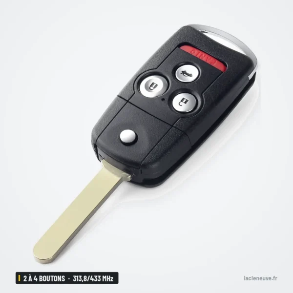 Clé télécommande 313,8/433 MHz 2 à 4 boutons pour Acura MDX, TL, TSX - lame déployée, vue de face