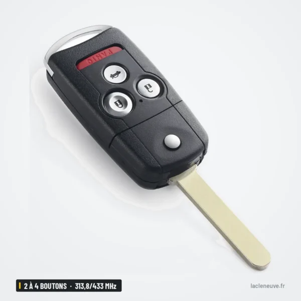 Clé télécommande 313,8/433 MHz 2 à 4 boutons pour Acura MDX, TL, TSX - lame déployée, vue de trois quarts
