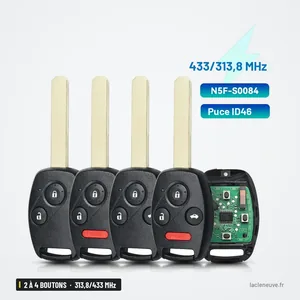 Clé télécommande 313,8/433 MHz 2 à 4 boutons pour Honda Civic EX, Si, puce ID46 - quatre modèles alignés, lames dépliées