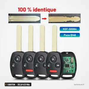 Clé télécommande 313,8/433 MHz 3+1 boutons pour Honda Civic, puce ID46 - comparaison des lames, plusieurs clés alignées