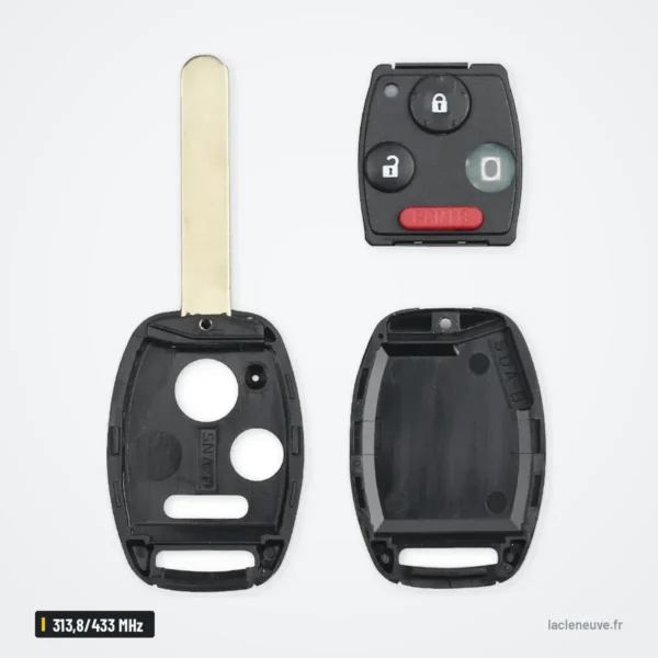 Clé télécommande 313,8/433 MHz pour Honda CR-V, Accord, Jazz, HR-V, puce ID46 - clé démontée, boutons et logement de pile