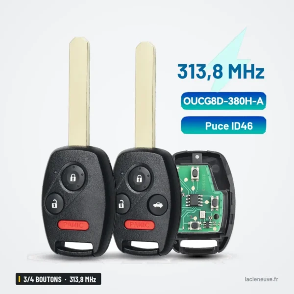 Clé télécommande 313,8 MHz 3/4 boutons pour Honda Accord, Odyssey, puce ID46 - trois télécommandes alignées, vue de face