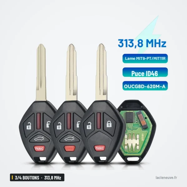 Clé télécommande 313,8 MHz 3/4 boutons pour Mitsubishi Galant, puce ID46 - trois clés avec lame et circuit visibles