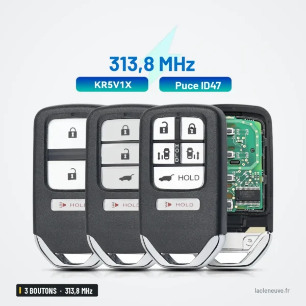 Clé télécommande 313,8 MHz 3 boutons pour Honda Fit, HR-V, CR-V, puce ID47 - trois clés groupées, vue de face