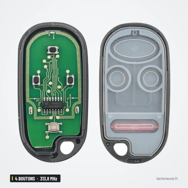 Clé télécommande 313,8 MHz 4 boutons pour Honda Accord, Acura TL - intérieur ouvert, circuit et logement de pile