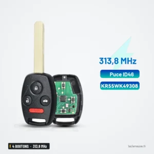 Clé télécommande 313,8 MHz 4 boutons pour Honda Accord, Pilot, lame non taillée - vue de face, clé et carte électronique
