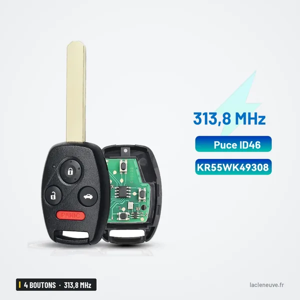 Clé télécommande 313,8 MHz 4 boutons pour Honda Accord, Pilot, lame non taillée - vue de face, clé et carte électronique