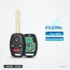 Clé télécommande 313,8 MHz 4 boutons pour Honda Accord, Pilot, puce ID46 - vue de face, clé et carte électronique