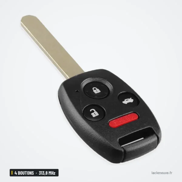 Clé télécommande 313,8 MHz 4 boutons pour Honda Accord, Pilot, puce ID46 - vue de face, lame non visible