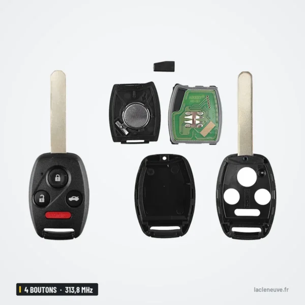 Clé télécommande 313,8 MHz 4 boutons pour Honda Accord, Pilot, puce ID46 - pièces démontées, vue éclatée