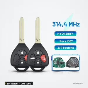 Clé télécommande 314,4 MHz 3/4 boutons pour Toyota Camry, RAV4, lame TOY43 - deux clés côte à côte avec pièces détachées