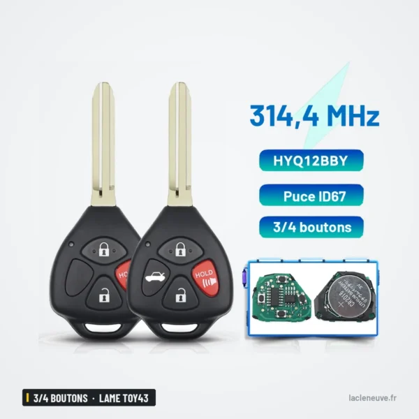 Clé télécommande 314,4 MHz 3/4 boutons pour Toyota Camry, RAV4, lame TOY43 - deux clés côte à côte avec pièces détachées