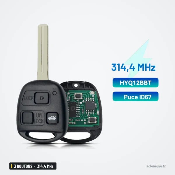 Clé télécommande 314,4 MHz 3 boutons pour Lexus RX330, ES330, LS430, puce ID67 - clé ouverte montrant le circuit imprimé