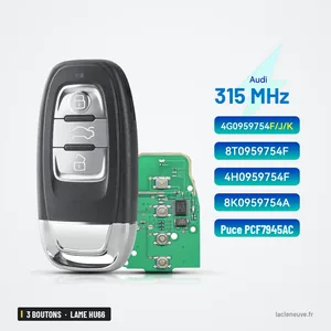 Clé télécommande 315/433/868 MHz 3 boutons pour Audi A4, A5, A6, Q5, lame HU66 - vue de face avec circuit imprimé à côté