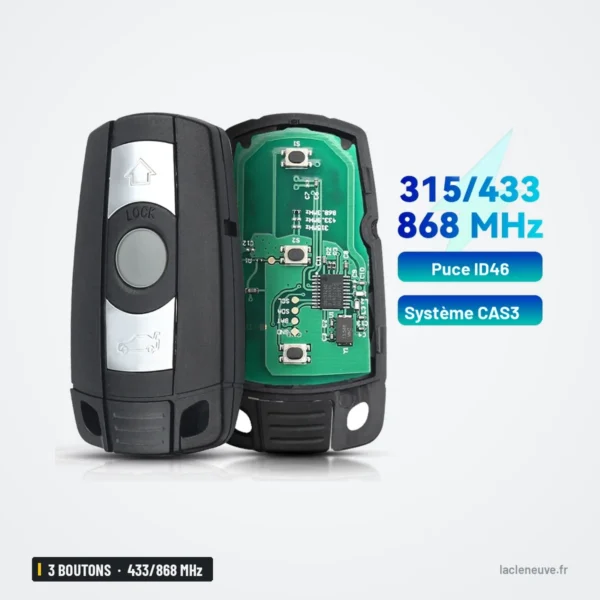 Clé télécommande 315/433/868 MHz 3 boutons pour BMW Série 1, 3, 5, X5 - vue éclatée avec circuit imprimé visible
