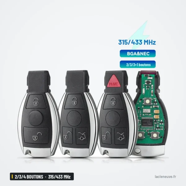 Clé télécommande 315/433 MHz 2/3/4 boutons pour Mercedes-Benz Classe A, C, E, S - trois versions de clé et circuit imprimé