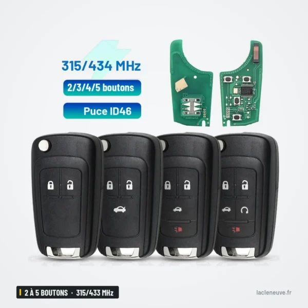 Clé télécommande 315/433 MHz 2 à 5 boutons pour Opel Astra, Corsa - quatre télécommandes alignées avec circuit imprimé à côté