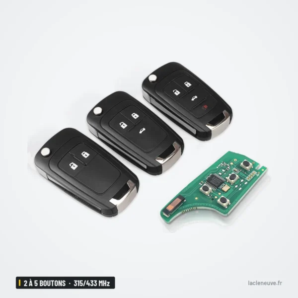 Clé télécommande 315/433 MHz 2 à 5 boutons pour Opel Astra - trois coques pliantes empilées avec une carte électronique