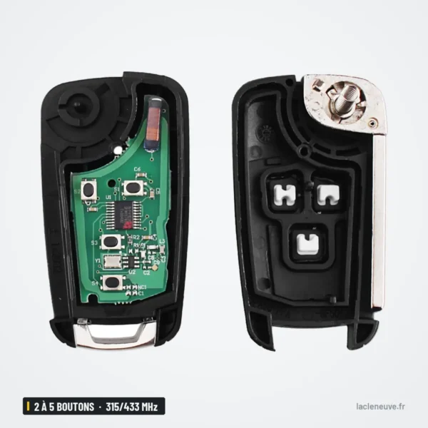 Clé télécommande 315/433 MHz 2 à 5 boutons pour Opel Astra, Corsa, puce ID46 - coque ouverte montrant le logement de la pile