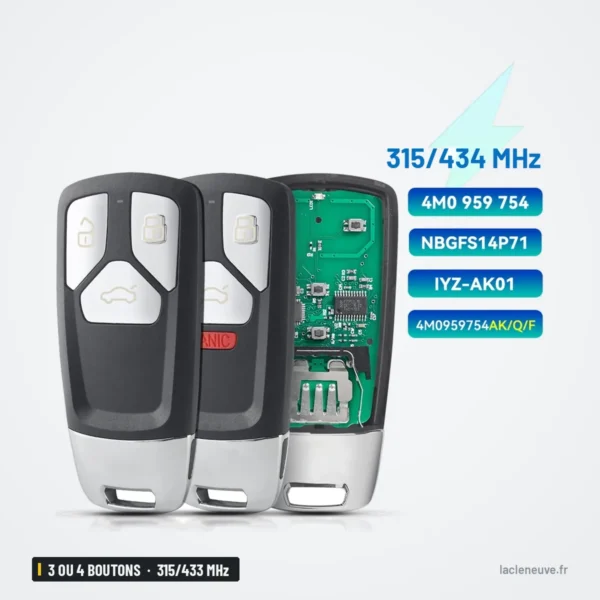 Clé télécommande 315/433 MHz 3 ou 4 boutons pour Audi A4, A5, Q5, Q7 - trois versions alignées avec circuit imprimé