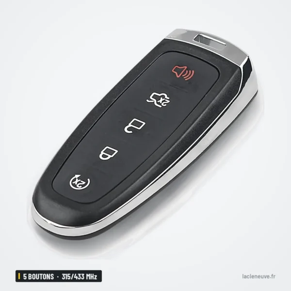 Clé télécommande 315/433 MHz 4-5 boutons pour Ford Explorer, Edge, Taurus - clé vue de profil inclinée, cinq boutons