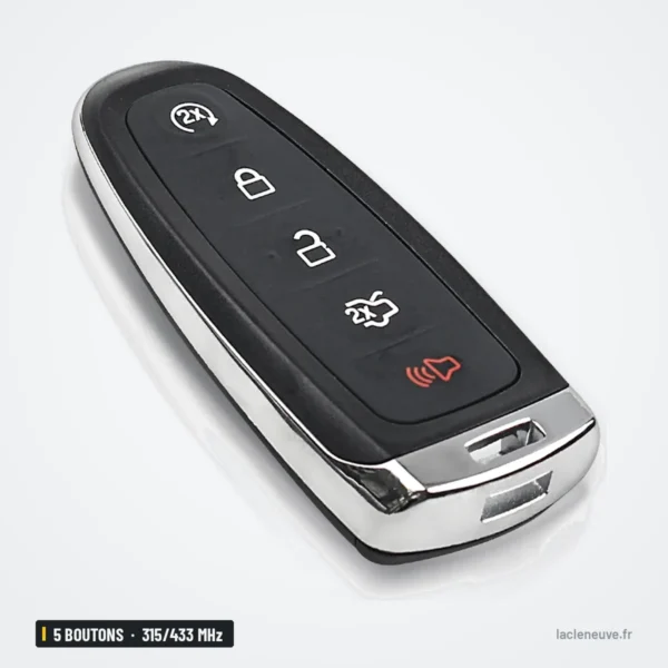 Clé télécommande 315/433 MHz 4-5 boutons pour Ford Explorer, Edge, Taurus - clé vue de profil inclinée, boutons différents