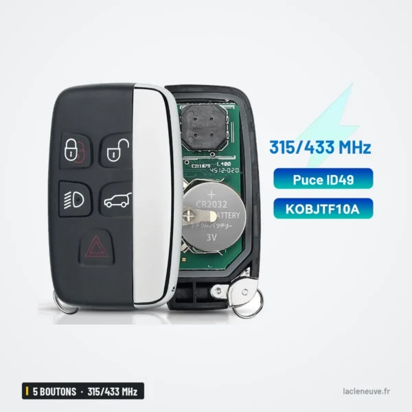 Clé télécommande 315/433 MHz 5 boutons pour Land Rover Discovery 4, Freelander 2 - vue de face, coque ouverte avec pile