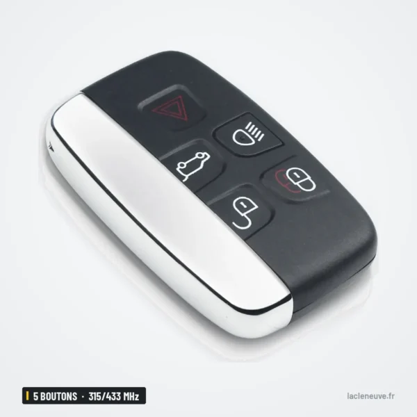 Clé télécommande 315/433 MHz 5 boutons pour Land Rover Discovery 4, Freelander 2 - vue de face sous un angle différent