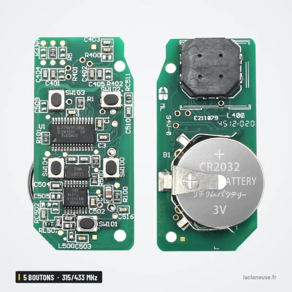 Clé télécommande 315/433 MHz 5 boutons pour Land Rover Discovery 4, Freelander 2 - circuit imprimé avec pile ronde visible