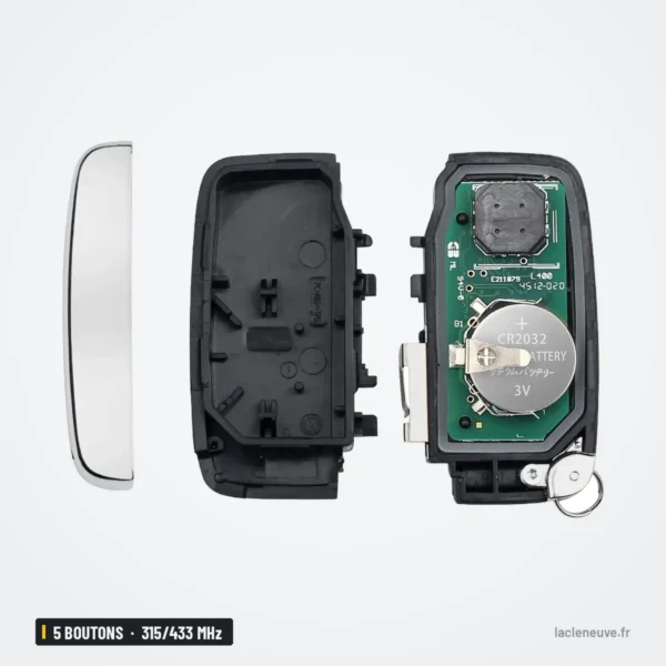 Clé télécommande 315/433 MHz 5 boutons pour Land Rover Discovery 4, Freelander 2 - coque vide démontée, dos et façade