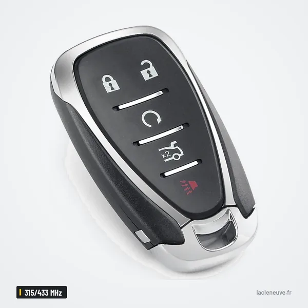Clé télécommande 315/433 MHz pour Chevrolet Equinox, Spark, Cruze - vue de face, cinq boutons dont bouton panique rouge