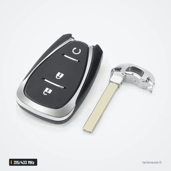 Clé télécommande 315/433 MHz pour Chevrolet Equinox, Spark, Cruze - vue de face avec lame de secours détachée à côté