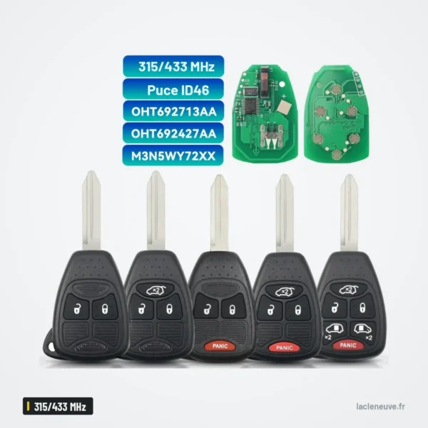 Clé télécommande 315/433 MHz pour Chrysler 300, Jeep Grand Cherokee, puce ID46 - cinq têtes de clé alignées côte à côte