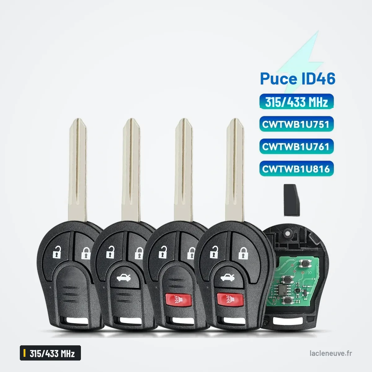 Clé télécommande 315/433 MHz pour Nissan Qashqai, Juke, Micra, puce ID46 - gamme de quatre clés avec circuit imprimé