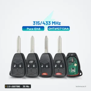 Clé télécommande 315 MHz 2 à 4 boutons pour Jeep Compass, Patriot, puce ID46 - cinq boîtiers alignés avec leur lame Clé télécommande 315 MHz 2 à 4 boutons pour Jeep Compass, Patriot, puce ID46 - cinq boîtiers alignés avec leur lame