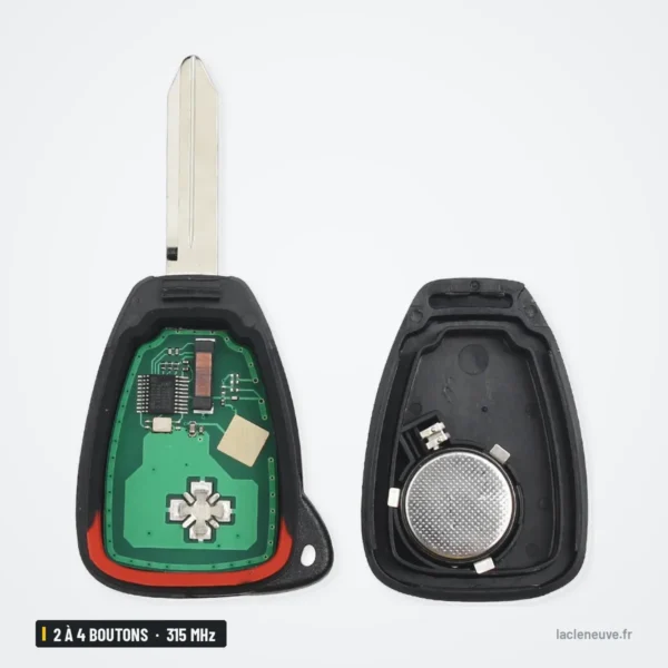 Clé télécommande 315 MHz 2 à 4 boutons pour Jeep Compass, Patriot, puce ID46 - boîtier ouvert, circuit vert et pile