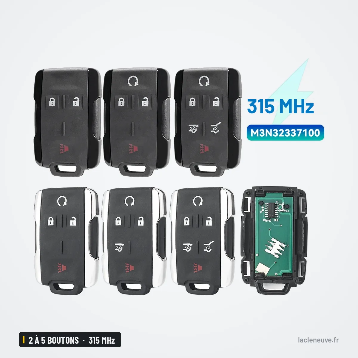Clé télécommande 315 MHz 2 à 5 boutons pour Chevrolet Silverado, GMC Sierra - plusieurs télécommandes vues de face et de dos Clé télécommande 315 MHz 2 à 5 boutons pour Chevrolet Silverado, GMC Sierra - plusieurs télécommandes vues de face et de dos