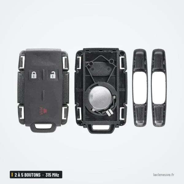 Clé télécommande 315 MHz 2 à 5 boutons pour Chevrolet Silverado, GMC Sierra - vue éclatée de la coque avec pile