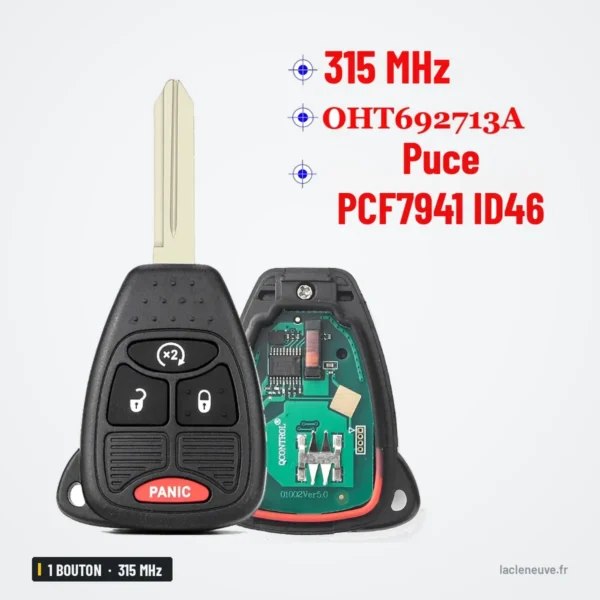Clé télécommande 315 MHz 3+1 boutons pour Jeep Compass, Cherokee, puce ID46 - vue de face avec circuit électronique et encart